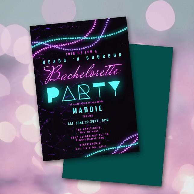 Invitación Mardi Gras Beads Bourbon Neon Bachelorette (Subido por el creador)