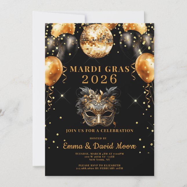 Invitación Mardi Gras Black Gold Glitter Masquerade Party (Anverso)