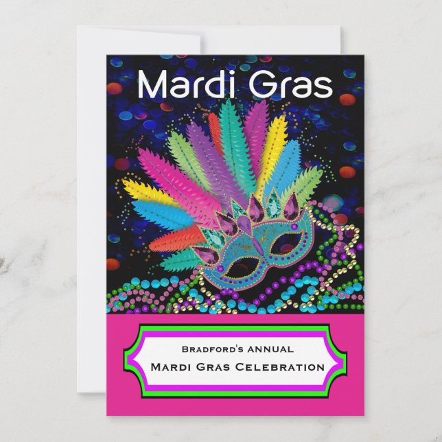 Invitación MARDI GRAS Celebración, Máscara, cuentas, colorido (Anverso)