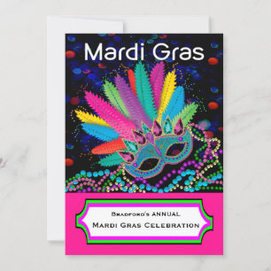 Invitación MARDI GRAS Celebración, Máscara, cuentas, colorido