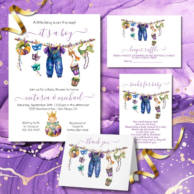 Invitación Mardi Gras Clothesline Boy Baby Shower (Subido por el creador)