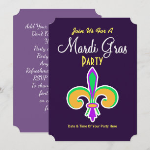 Invitación Mardi Gras Colors Fleur De Lis Invite