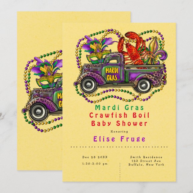Invitación Mardi Gras Crawfish hierve Baby Shower (Anverso / Reverso)