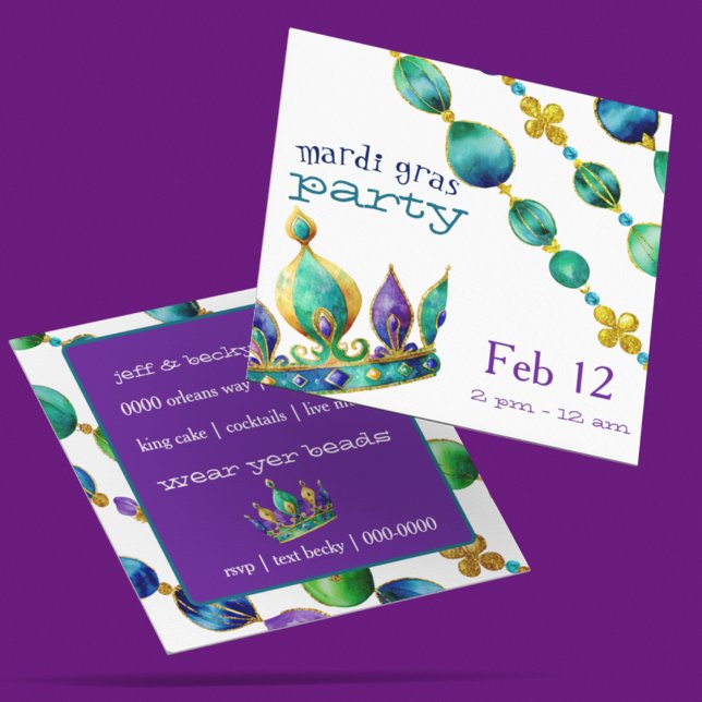 Invitación Mardi Gras Crown and Beads Party  (Customize the front and back of these Mardi Gras party invitations.)