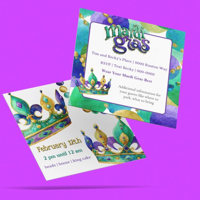 Invitación Mardi Gras Crowns and Beads Party Invite (Mardi Gras party invitation you can customize on the front and back. )