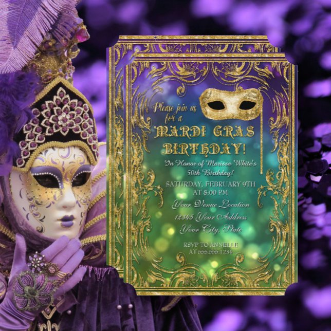 Invitación Mardi Gras Cumpleaños Mascarada Mascarada Bokeh Go (Subido por el creador)