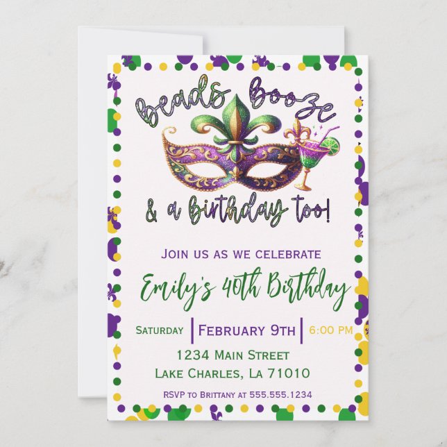 Invitación Mardi Gras Cumpleaños Temático (Anverso)