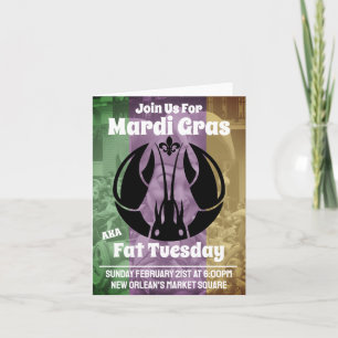 Invitación Mardi Gras Fat Martes Crawfish Verde Purple Gold
