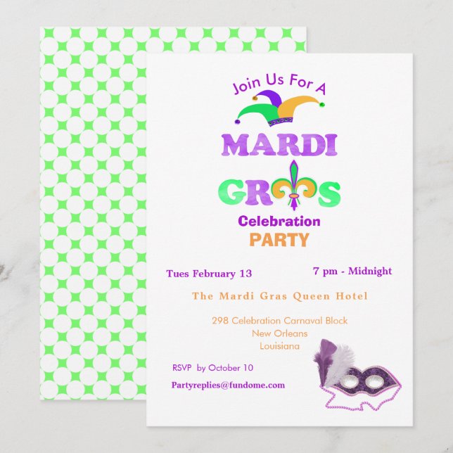 Invitación Mardi Gras Fat Martes Divertido Fiesta Invitado (Anverso / Reverso)