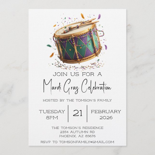 Invitación Mardi Gras Festive Drum Celebration (Anverso)