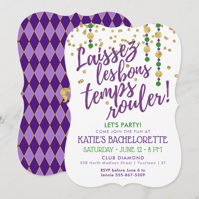 Invitación Mardi Gras | Fiesta de Bachelorette Masquerade (Anverso / Reverso)