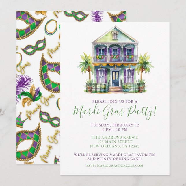 Invitación Mardi Gras Fiesta de Nueva Orleans (Anverso / Reverso)