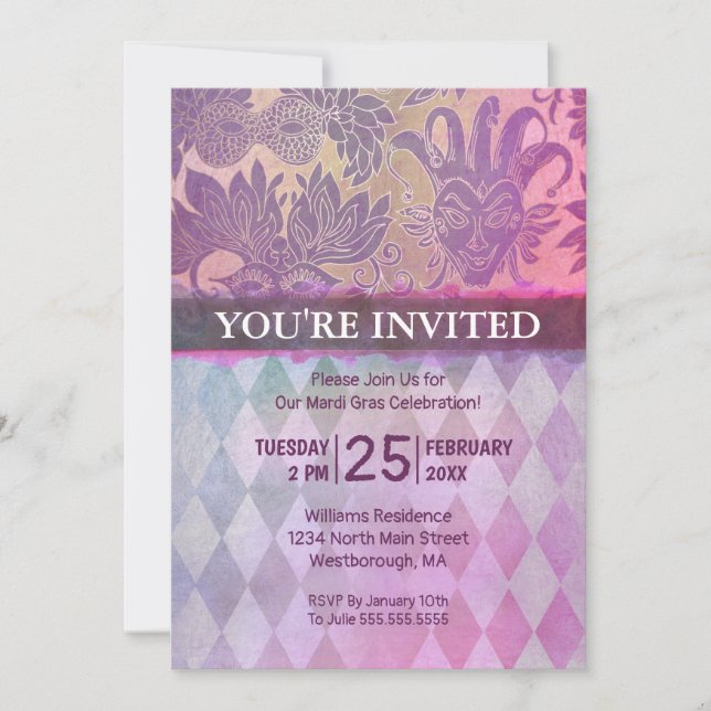 Invitación Mardi Gras Fiesta Máscara de Oro Púrpura Harlequin (Anverso)
