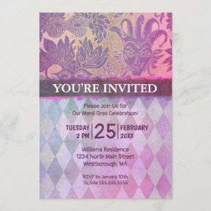 Invitación Mardi Gras Fiesta Máscara de Oro Púrpura Harlequin