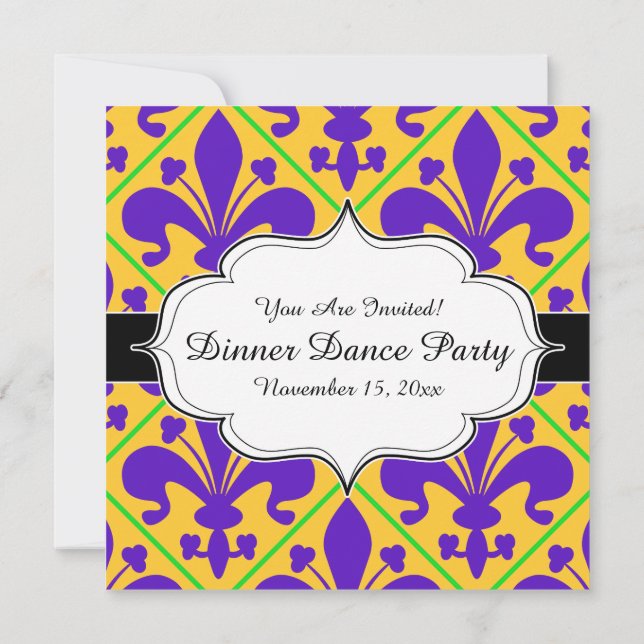 Invitación Mardi Gras Fiesta Nueva Orleans Fleur de Lis (Reverso)