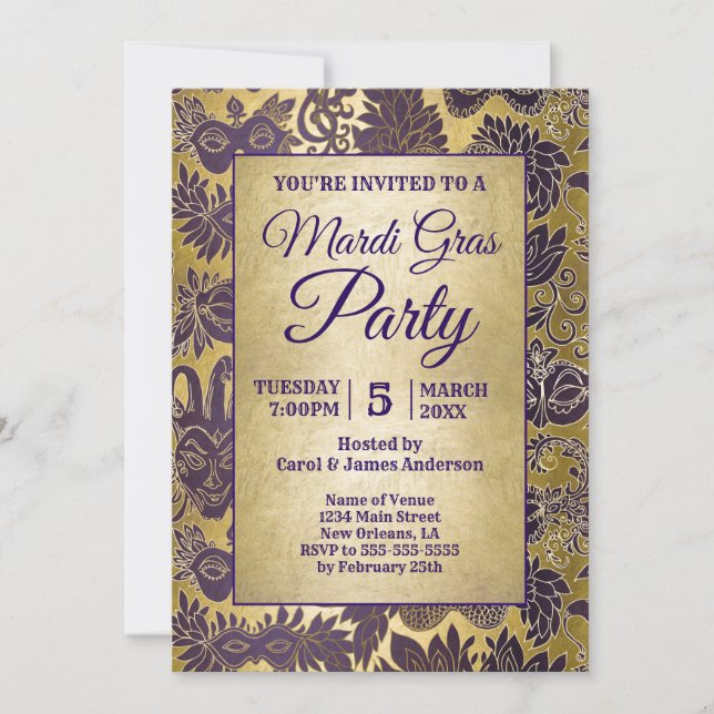 Invitación Mardi Gras Fiesta Purple Faux Gold Mask (Anverso)