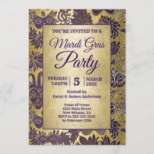 Invitación Mardi Gras Fiesta Purple Faux Gold Mask