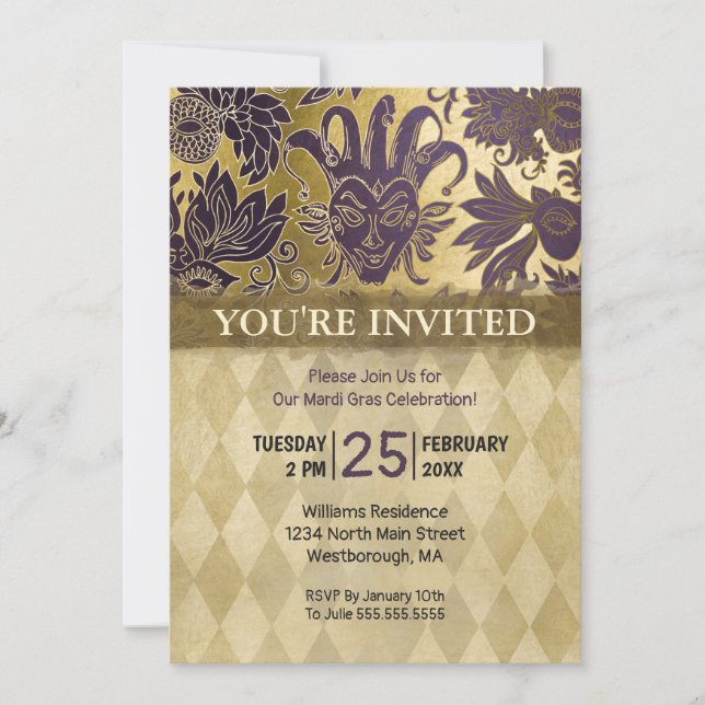 Invitación Mardi Gras Fiesta Purple Faux Gold Mask Harlequin (Anverso)
