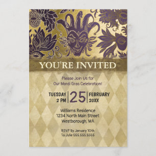 Invitación Mardi Gras Fiesta Purple Faux Gold Mask Harlequin