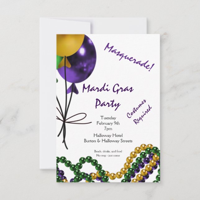 Invitación Mardi Gras Fiesta Purple Gold y Green (Anverso)