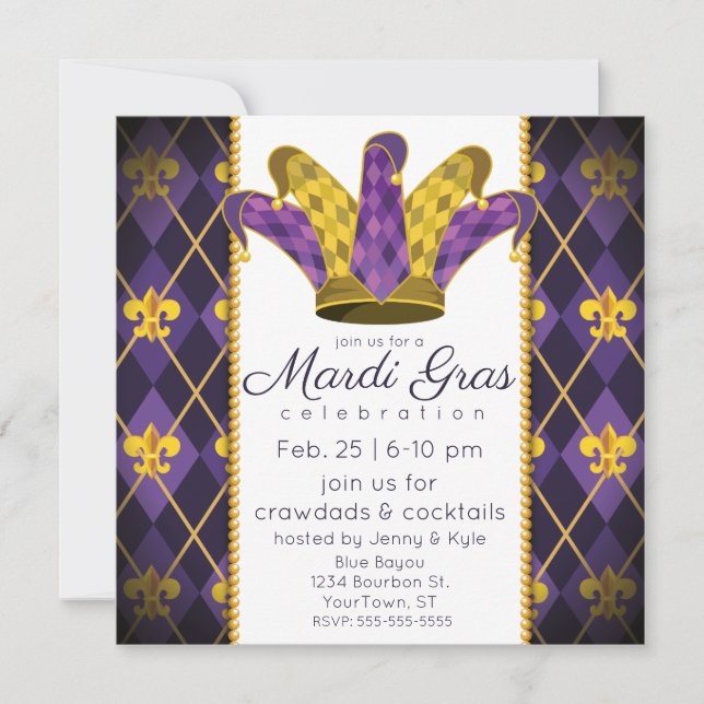 Invitación Mardi Gras fleur-de-lis Argyle Jester Gorra (Anverso)