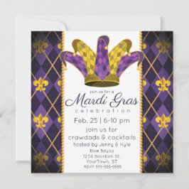 Invitación Mardi Gras fleur-de-lis Argyle Jester Gorra