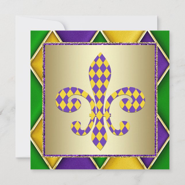 Invitación Mardi Gras Fleur De Lis Fiesta de Mardi Gras (Anverso)