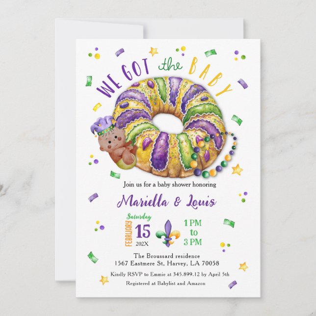 Invitación Mardi Gras Gender Reveal King Cake  (Anverso)