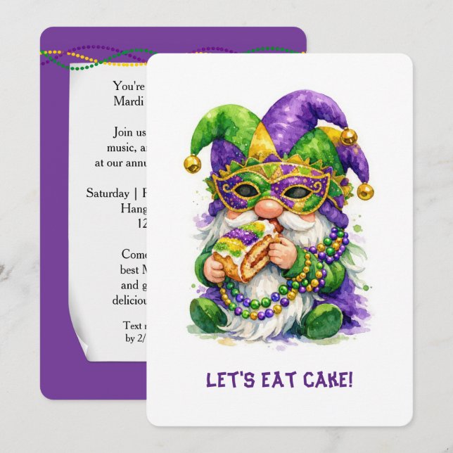 Invitación Mardi Gras Gnome Eating King Cake (Anverso / Reverso)
