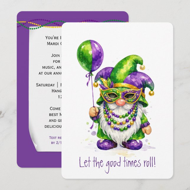 Invitación Mardi Gras Gnome with Party Balloon (Anverso / Reverso)