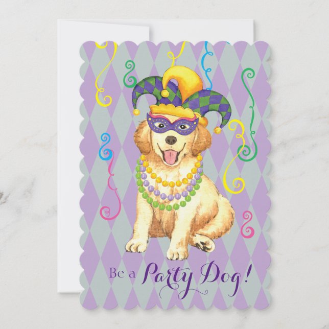 Invitación Mardi Gras Golden Retriever (Anverso)