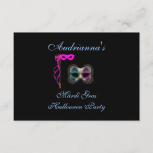 Invitación "Mardi Gras Halloween Party" - Máscaras rosas/azul