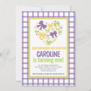 Invitación Mardi Gras Krewe Coquette Bow Primer Cumpleaños