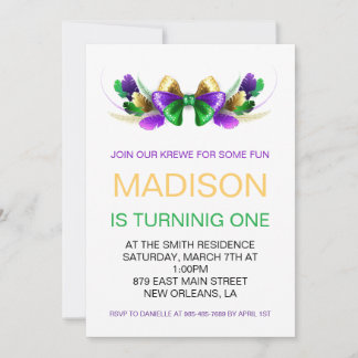 Invitación Mardi Gras Krewe Coquette Bow Primer Cumpleaños