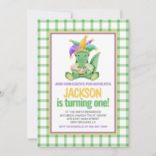 Invitación Mardi Gras Krewe Gator King Cake Primer cumpleaños