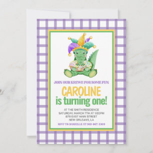 Invitación Mardi Gras Krewe Gator King Cake Primer cumpleaños