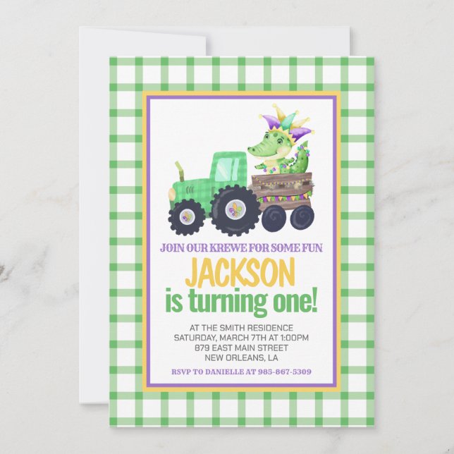 Invitación Mardi Gras Krewe Gator Tractor Cake Primer cumplea (Anverso)