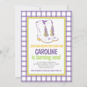 Invitación Mardi Gras Krewe Marchando Boots Primer Cumpleaños