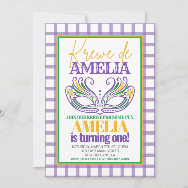 Invitación Mardi Gras Krewe Primer Cumpleaños CUALQUIER EDAD (Anverso)