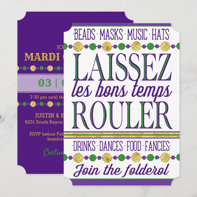 Invitación Mardi Gras | Laissez Les Bons Temps Rouler (Anverso / Reverso)