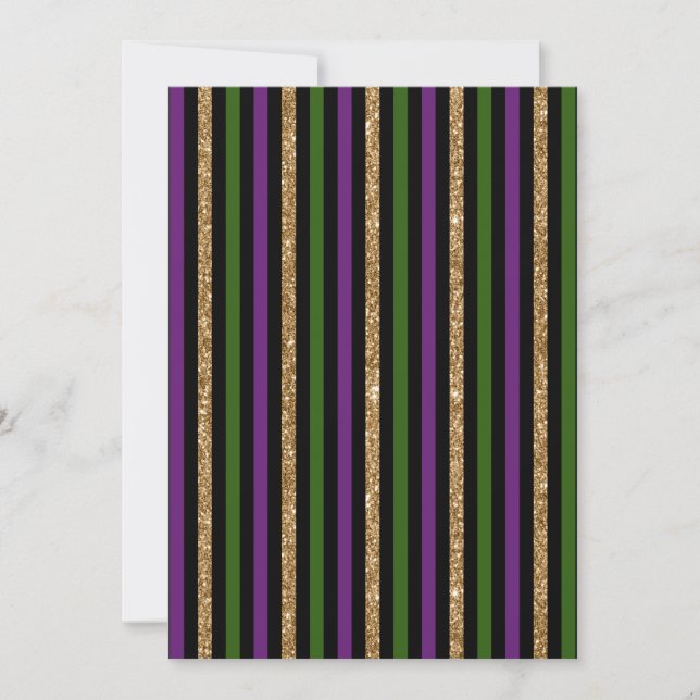 Invitación Mardi Gras Líneas Verticales Brillo Dorado NOLA (Anverso)