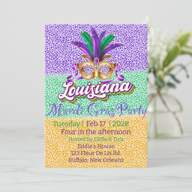 Invitación Mardi Gras Louisiana Purpurina fiesta de máscaras (Anverso de pie)