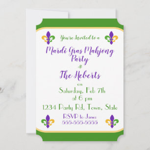 Invitación Mardi Gras MAHJONG Verde Dorado Púrpura Fleur de L