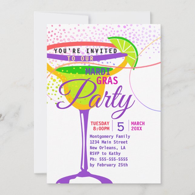 Invitación Mardi Gras Martini Glass Purple Gold Fiesta Verde (Anverso)