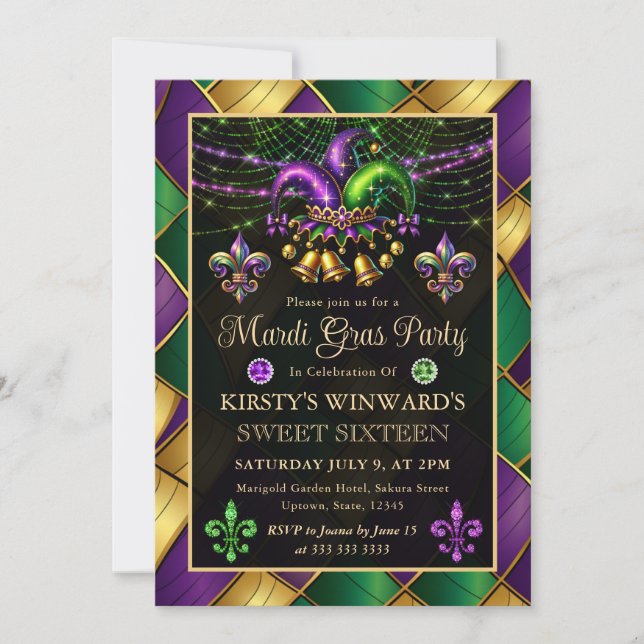 Invitación Mardi Gras Máscara Cumpleaños Dieciséis (Anverso)