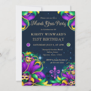 Invitación Mardi Gras Máscara de Cumpleaños 21