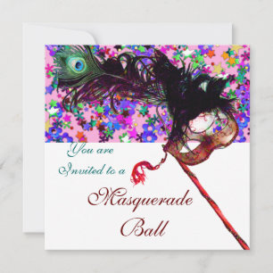 Invitación MARDI GRAS MÁSCARA Y CONFETI blanco morado rosa