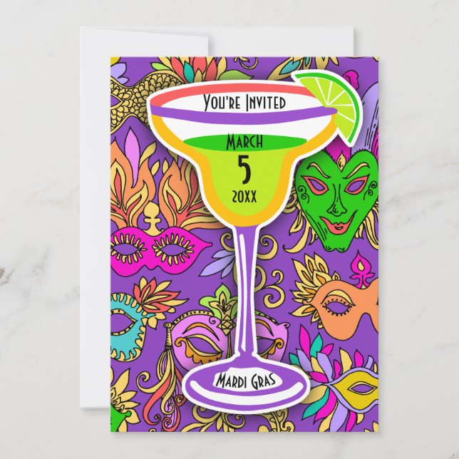 Invitación Mardi Gras máscaras Fiesta colorida Martini (Anverso)
