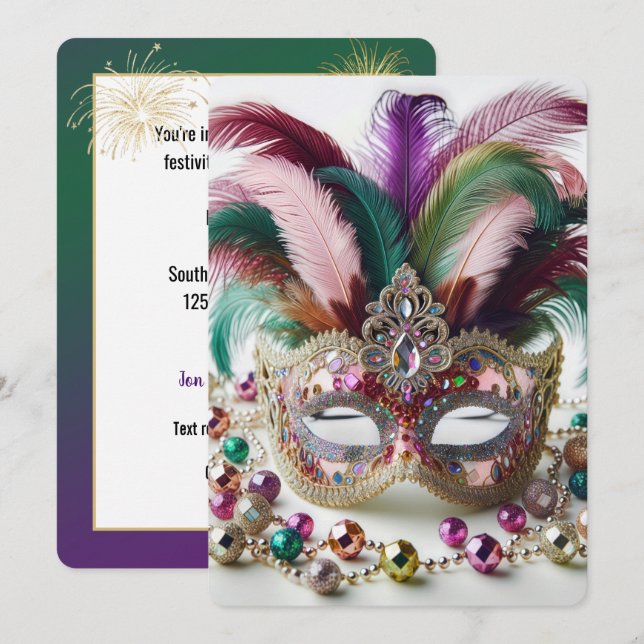 Invitación Mardi Gras Mask Fiesta (Anverso / Reverso)