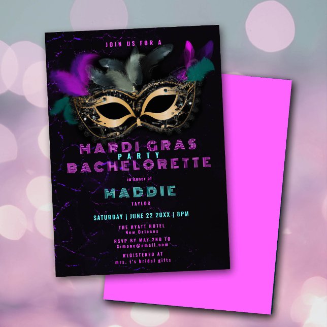 Invitación Mardi Gras Mask Pink Neon Nola Bachelorette Party (Subido por el creador)